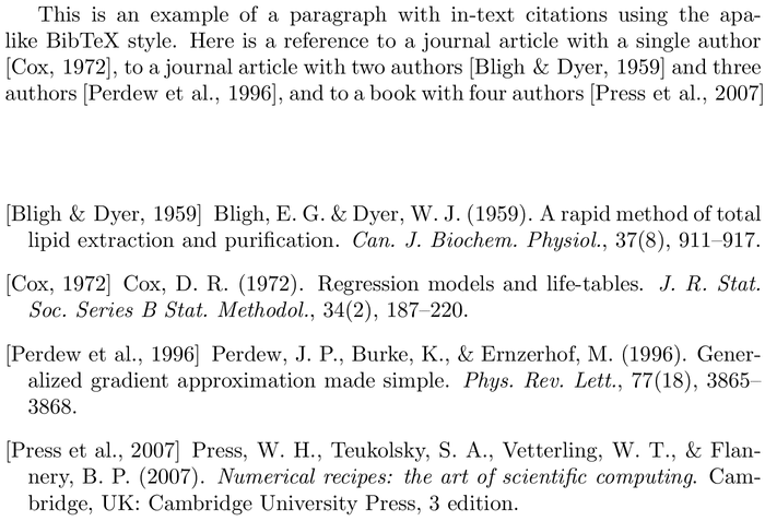 BibTeX apalike2 bibliography style example with in-text references and bibliography