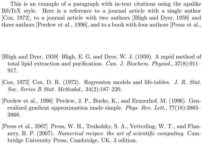 BibTeX apalike bibliography style example with in-text references and bibliography