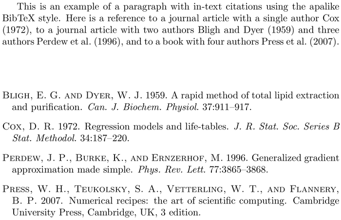 BibTeX cbe bibliography style example with in-text references and bibliography