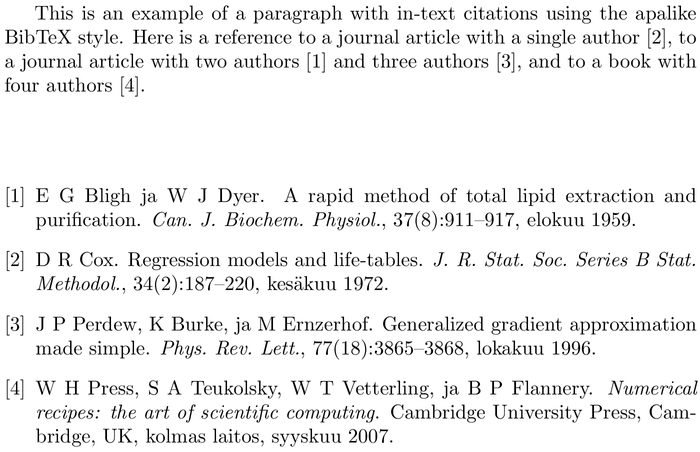 BibTeX finplain bibliography style example with in-text references and bibliography