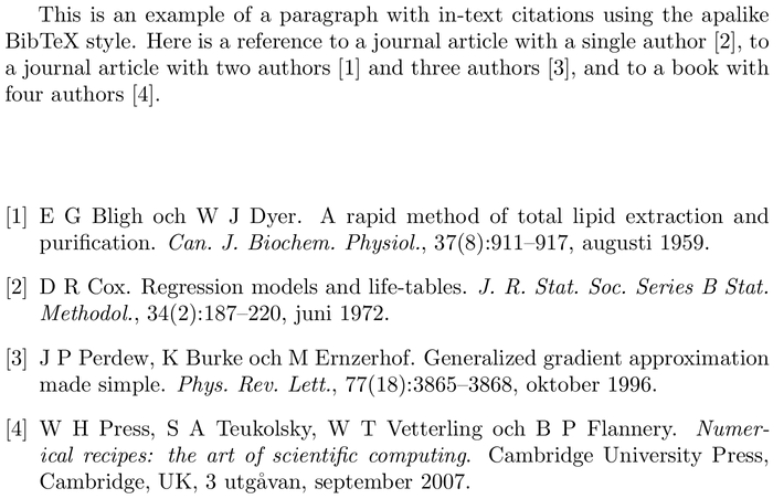 BibTeX sweplain bibliography style example with in-text references and bibliography