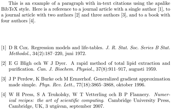 BibTeX sweunsrt bibliography style example with in-text references and bibliography